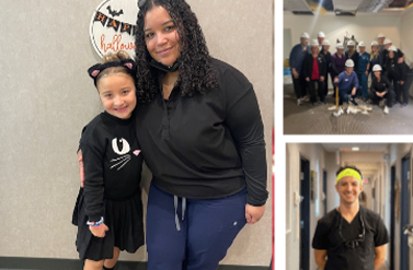 Three images of smiling children's dental team members and pediatric dentist