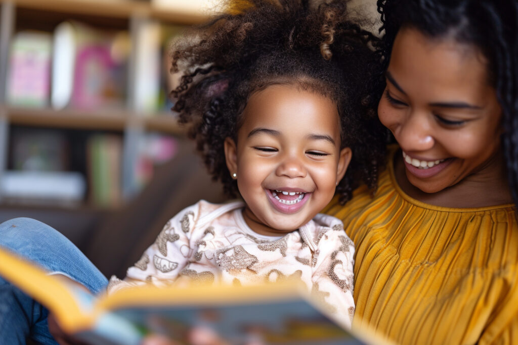 mother and toddler reading a book and smiling